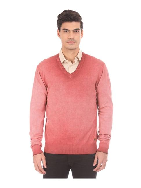 arrow blue jeans red v-neck solid sweater