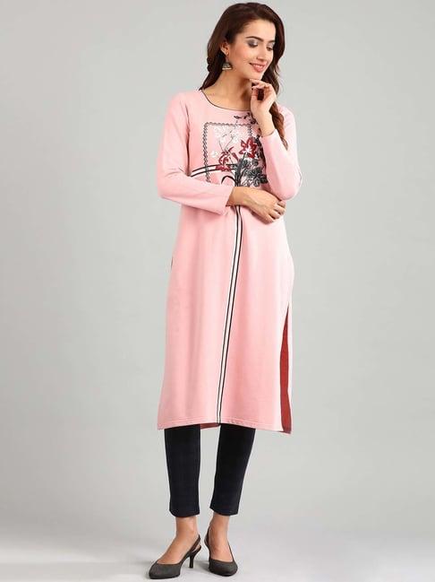 aurelia pink floral print straight kurta