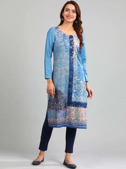 aurelia blue floral print straight kurta