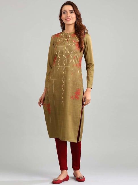 aurelia olive green floral print straight kurta