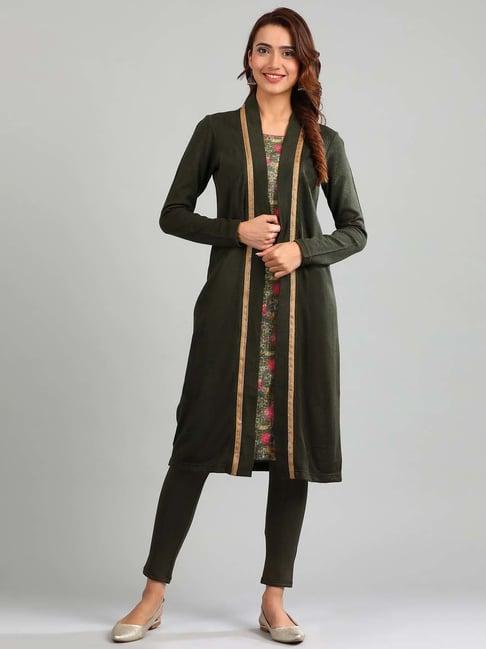 aurelia olive green floral print straight double layered kurta