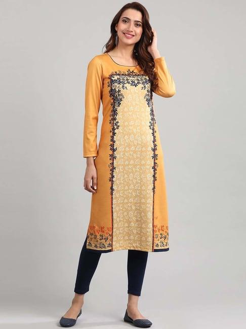 aurelia yellow floral print straight kurta