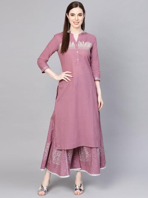 varanga mauve cotton zari work kurti sharara set