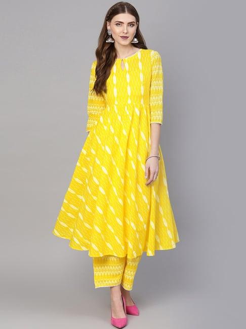 gerua yellow cotton printed kurti palazzo set