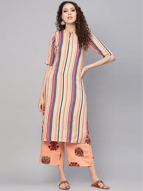 gerua peach striped kurti palazzo set