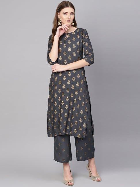 gerua grey printed kurti palazzo set