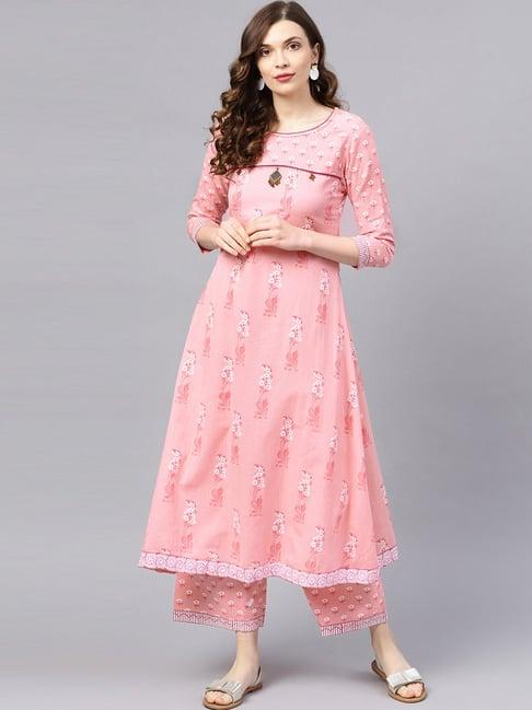 ishin baby pink cotton floral print kurta palazzo set