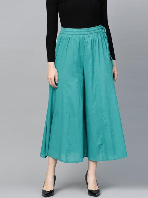 varanga teal green cotton mid rise palazzos