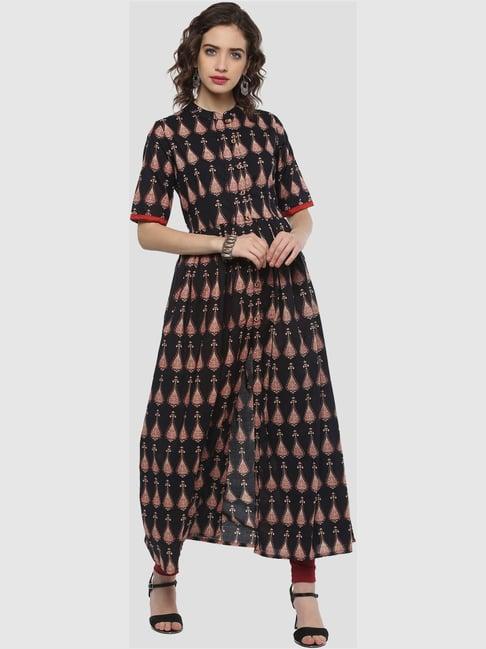 divena black cotton printed a line kurta