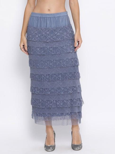 lela stone blue lace frill net skirt