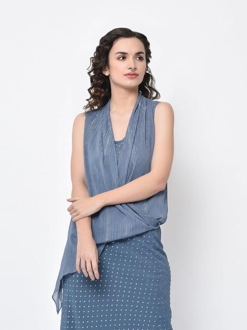 lela stone blue textured drape top