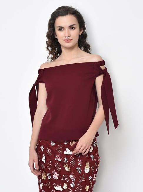 lela maroon off shoulder tie up top