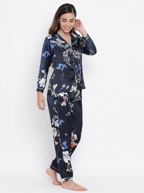 clovia blue floral print shirt & pyjama set