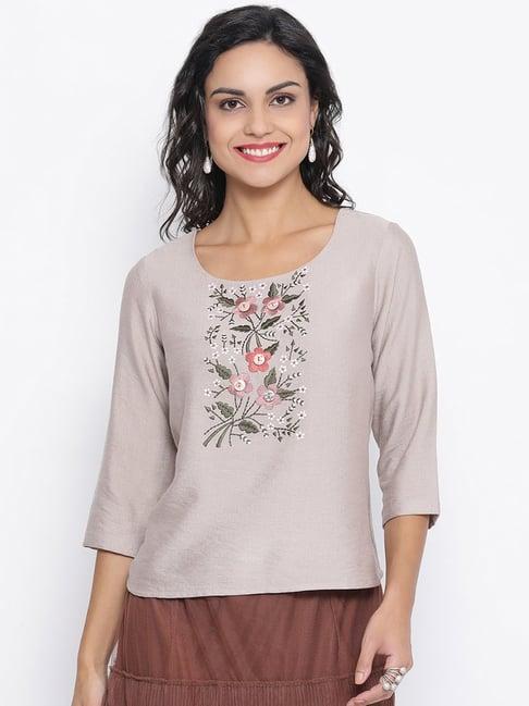 lela beige flower and button embroidered top