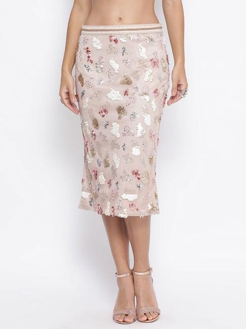 lela beige net with multicoloured embroidered skirt