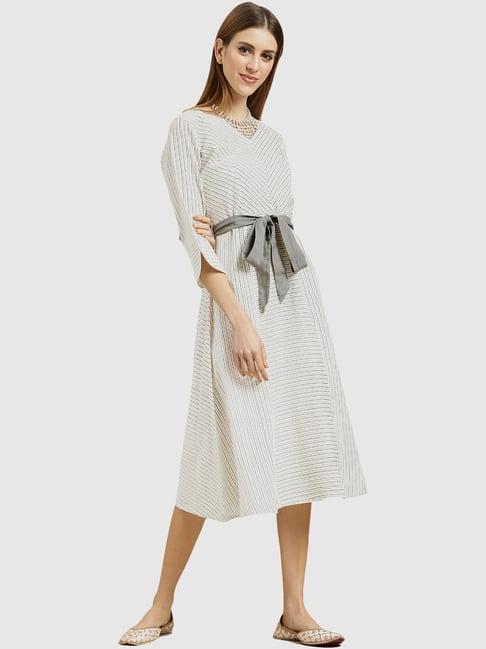 varanga off-white cotton striped a-line dress