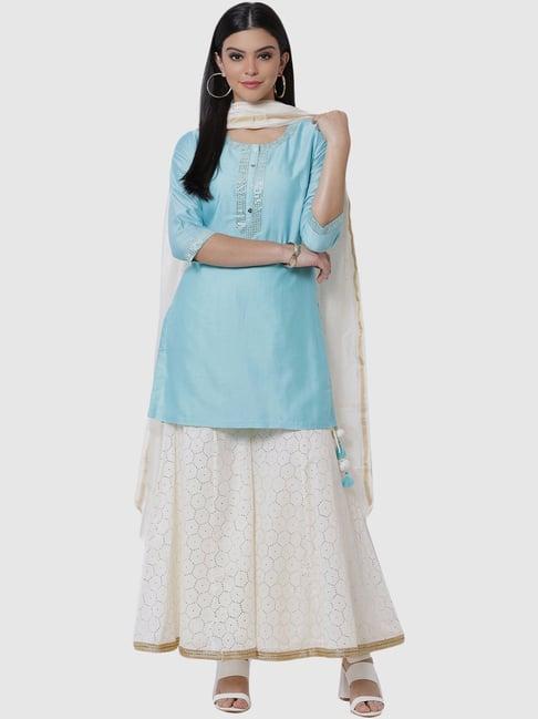 biba sky blue & white cotton kurta sharara set with dupatta