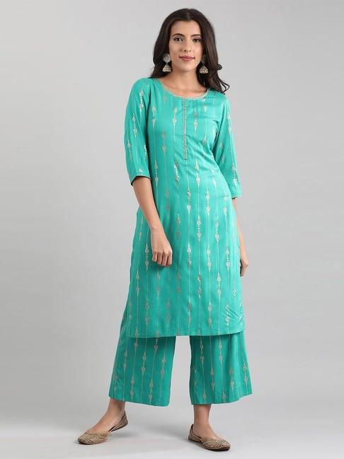 aurelia cyan blue printed kurta palazzo set