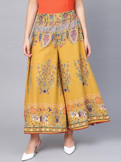 juniper mustard ethnic motif printed flared cotton women palazzo with one pocket