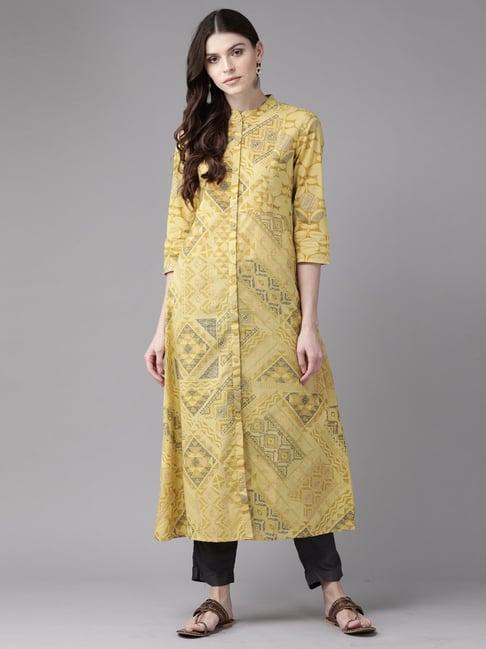 indo era yellow cotton printed a line kurta