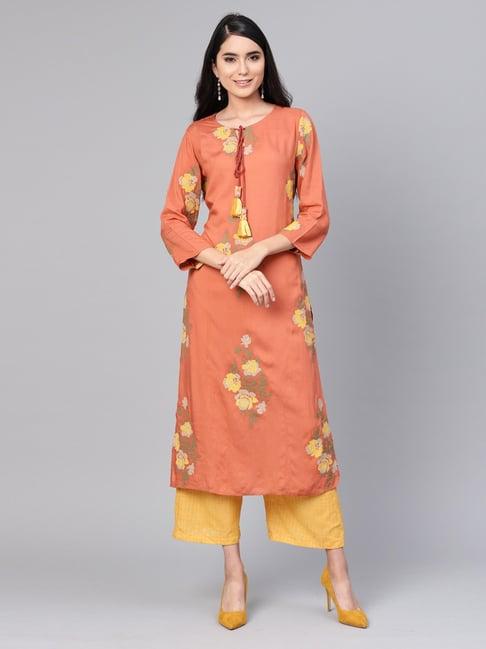 indo era peach embroidered straight kurta