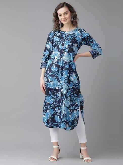 indo era navy cotton printed straight kurta