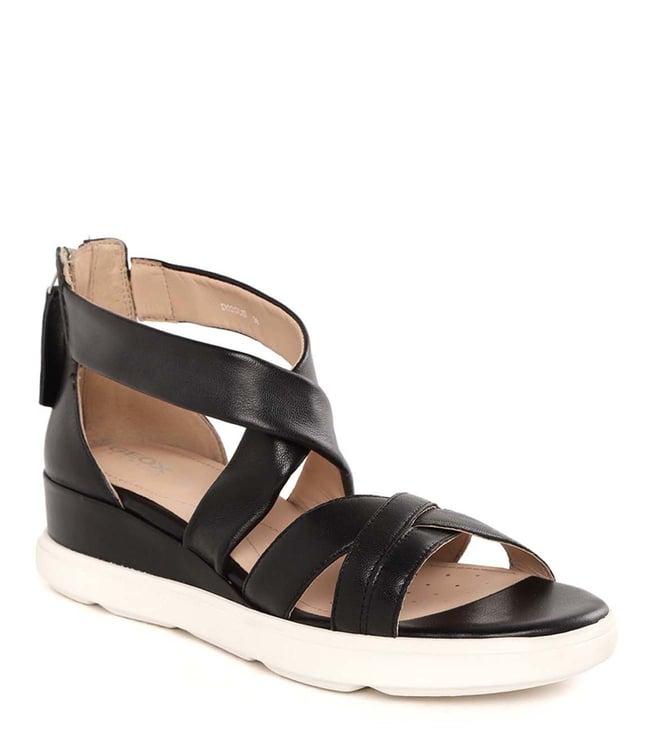 geox women's leather black cross strap wedges