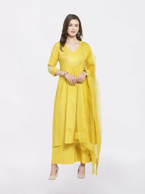 varanga yellow embroidered kurti palazzo set with dupatta