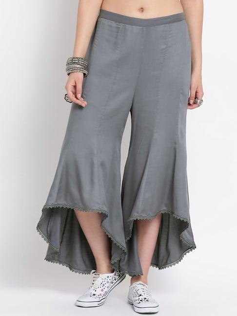 lela grey viscose asymmetrical flared palazzos