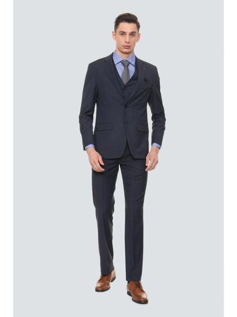 louis philippe navy regular fit self pattern three piece suit