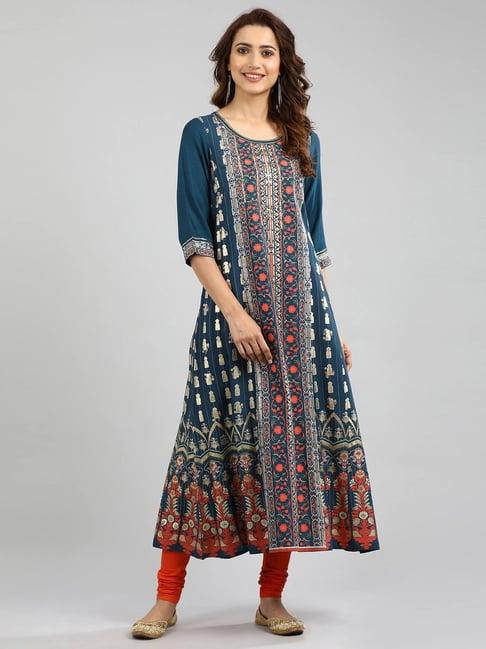 aurelia teal blue floral print a line kurta