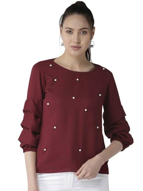 style quotient women solid maroon polyester smart casual top