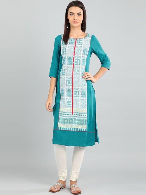 aurelia off-white & turquoise cotton printed straight kurti