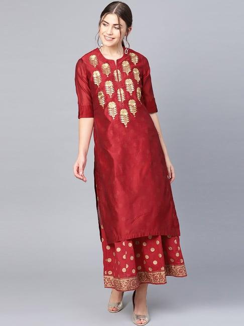 juniper maroon embroidered straight double layered kurti