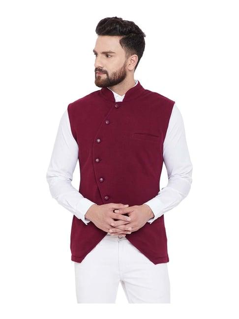 hypernation maroon cotton slim fit waistcoat