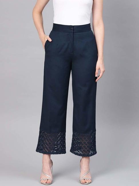 juniper navy blue cotton flex solid wide leg women palazzo with one pocket