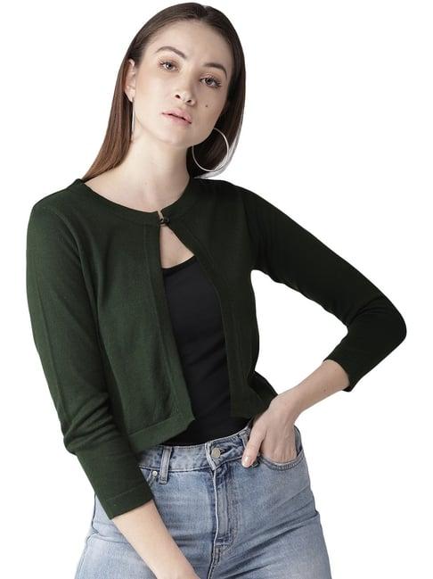 style quotient women solid olive cotton smart casual crop shrug