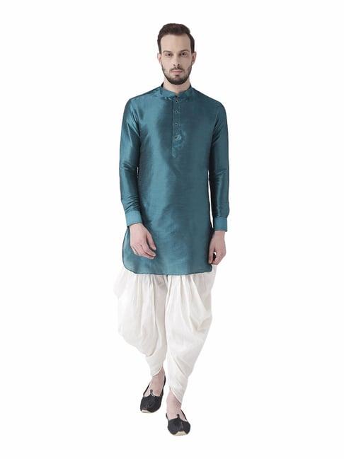 deyann teal blue & white mandarin collar silk kurta set