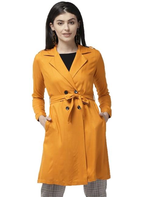 style quotient women solid mustard yellow viscose rayon smart casual trench coat