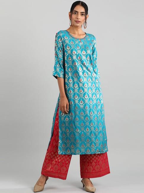 aurelia cyan blue printed straight kurta