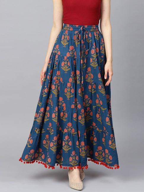 varanga blue cotton floral print skirt