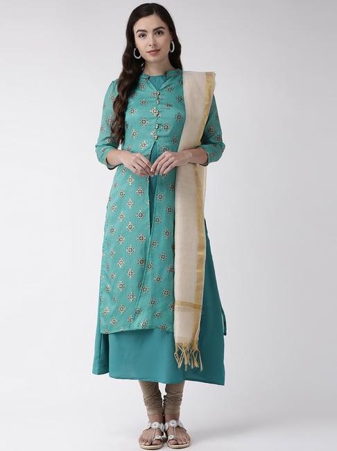 rangmayee green & beige printed double layered kurta leggings set with dupatta