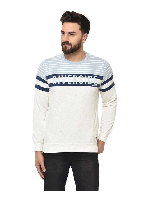 duke cream & blue cotton regular fit striped sweatshirt