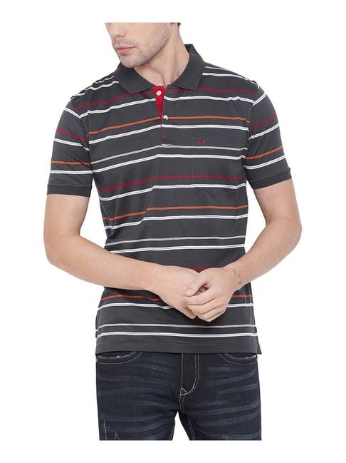 duke dark grey cotton regular fit striped polo t-shirt