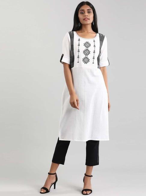 aurelia white cotton woven pattern straight kurta