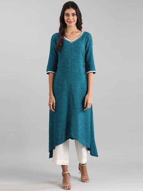 aurelia teal blue high low kurta