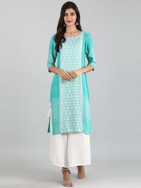 aurelia cyan blue woven pattern straight kurta