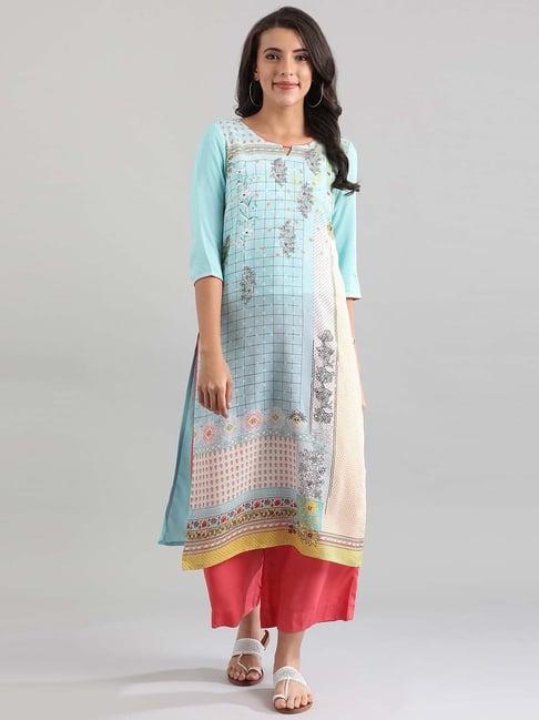 aurelia cyan blue floral print straight kurta