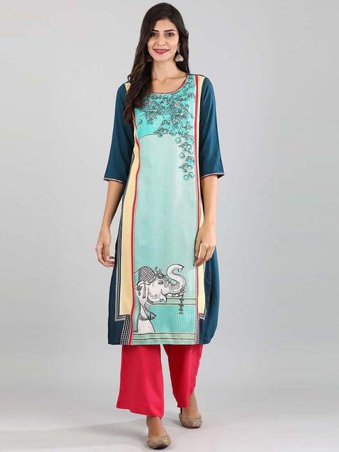 aurelia cyan blue printed straight kurta