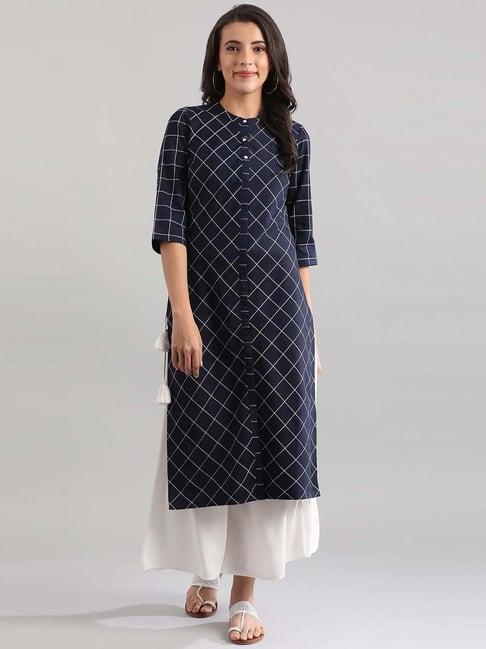 aurelia navy cotton chequered straight kurta